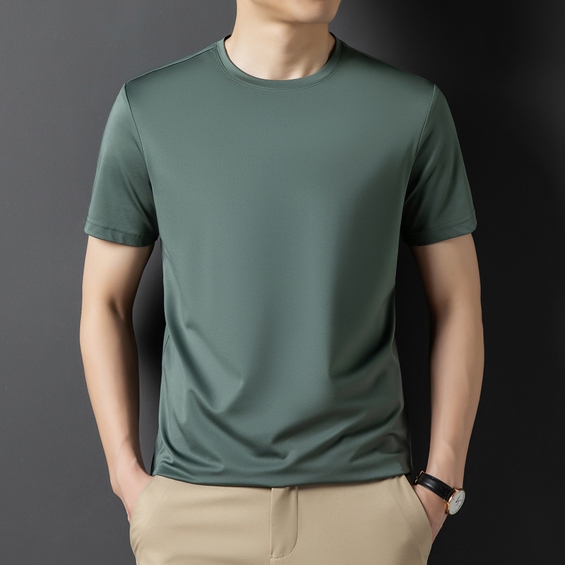 夏季感桑蚕丝男圆领短袖t恤休闲简约男装纯色无痕冰丝棉半袖高清大图