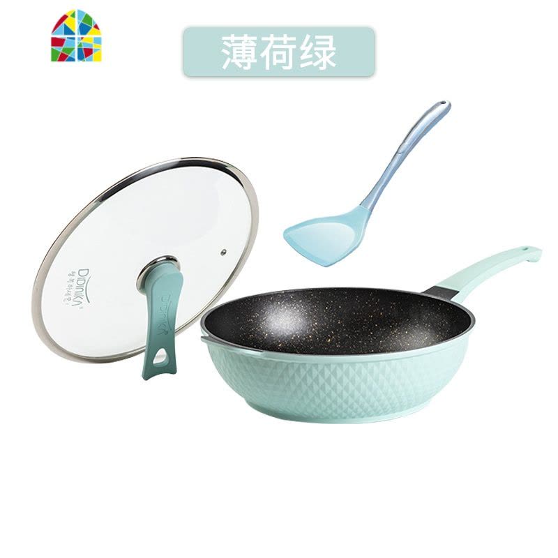 韩国炒锅不粘锅粉色32cm电磁炉燃气灶适用汤锅蒸锅 FENGHOU 钻石蓝带硅胶铲新款套锅图片