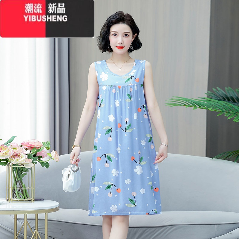 YIBUSHENG装新款无袖睡裙中年妈妈装季睡衣过膝裙子女透气棉绸舒适裙气 XL建议115斤以内 4号色蓝色小花