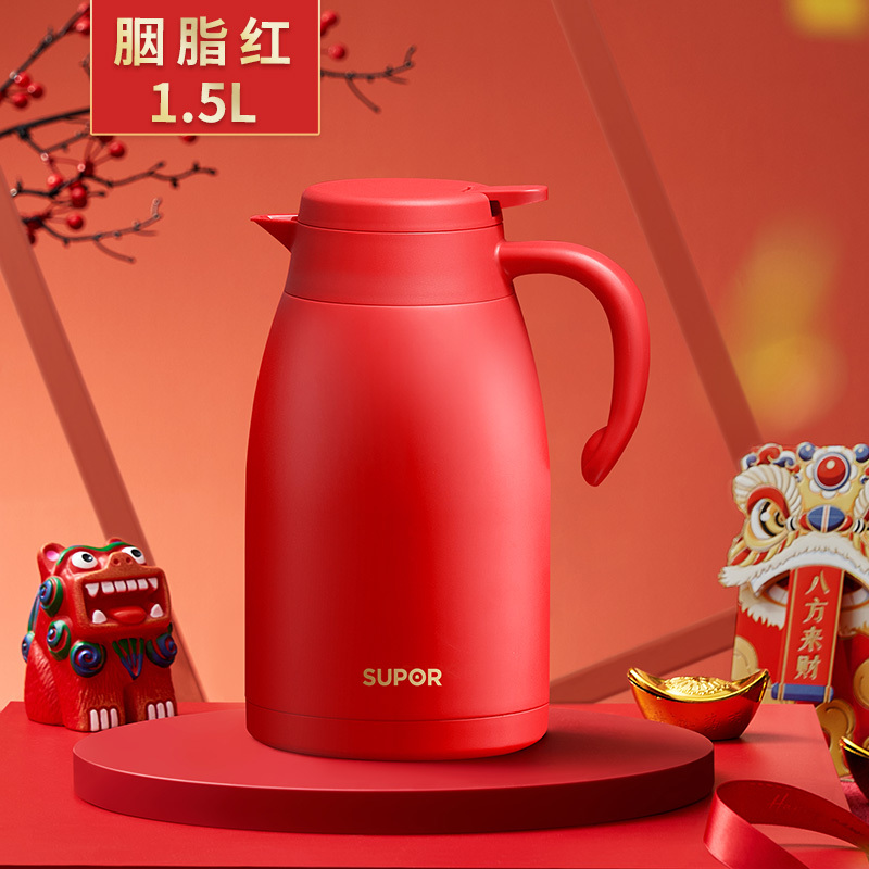 苏泊尔不锈钢内胆保温壶结婚陪嫁热水瓶婚庆热水壶大容量开水瓶一键出水正红国潮