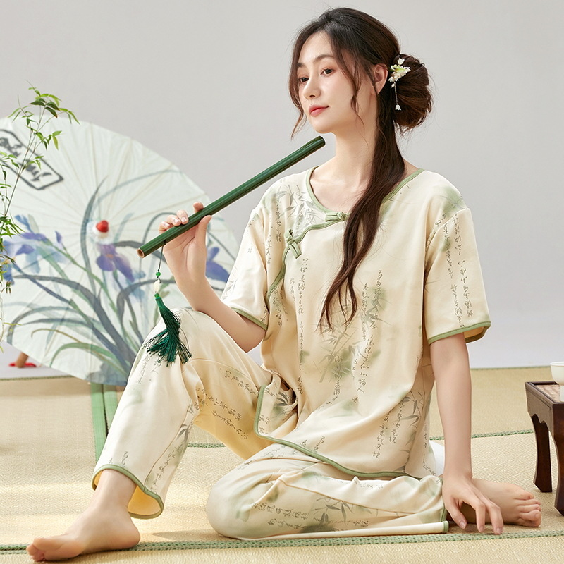 睡衣女士夏季棉质可爱卡通短袖长裤中式古风休闲可外穿家居服套装