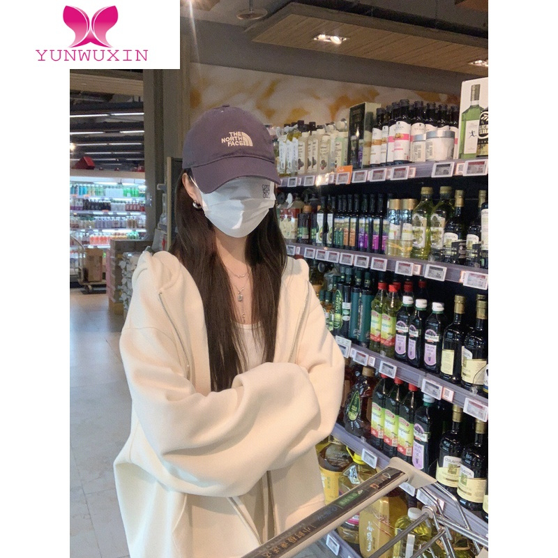 YUNWUXIN白色连帽卫衣女设计感小众早秋薄款拉链外套慵懒风宽松显瘦上衣潮
