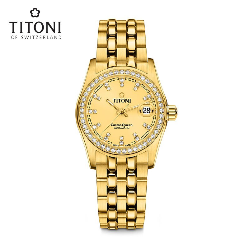 titoni瑞士梅花表宇宙系列日历夜光自动机械手表女表宝石装饰金表729g