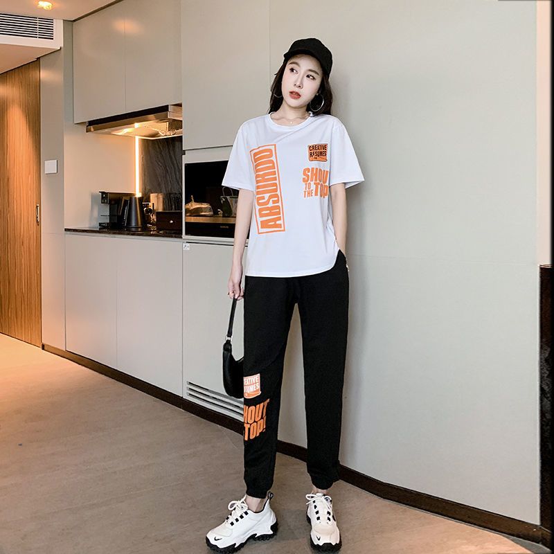 真维斯2022年夏季新款洋气减龄显瘦时尚潮牌休闲运动裤两件套装女