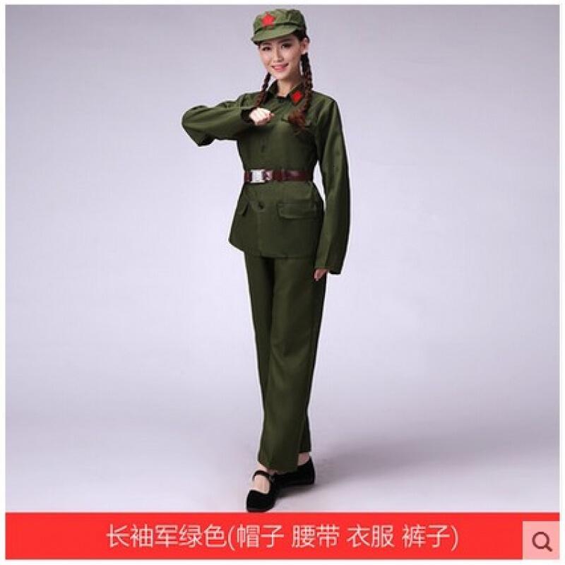 儿童红演出服八路军战服装解放帽表演服男女fjq长袖军绿色(帽子腰带衣服裤子)