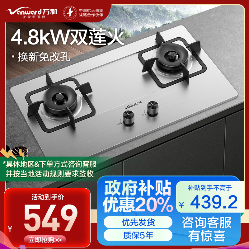 万和 一级能效 [蓝莲花]4.8kW大火力 家用台式嵌入式燃气灶具 双眼灶 不锈钢 JZY-B9B50(液化气)