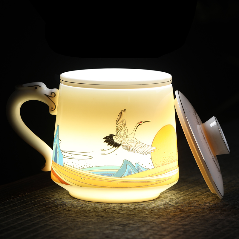 元青茶杯(MULTIPOTENT)玉瓷办公杯陶瓷带盖滤芯茶水分离过滤茶杯德化白瓷会议室水杯银鹤龙水杯礼盒装高清大图