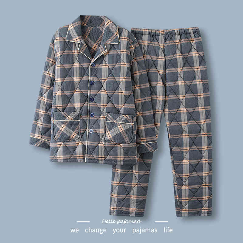 浪莎睡衣男士冬季纯棉针织夹棉袄三层加厚保暖全棉开衫家居服套装 XP304男# 3XL