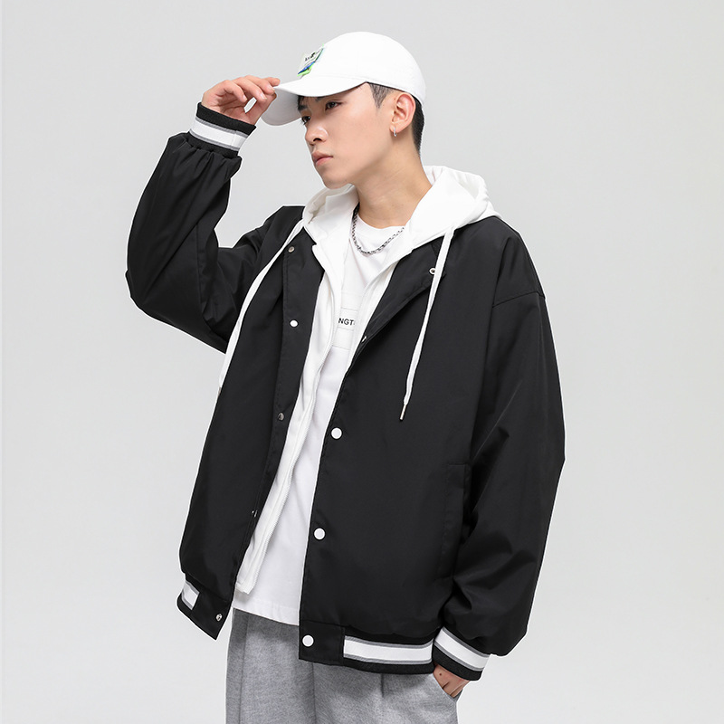 春秋季新款假两件撞色连帽棒球服外套时尚夹克男青少年港风百搭潮