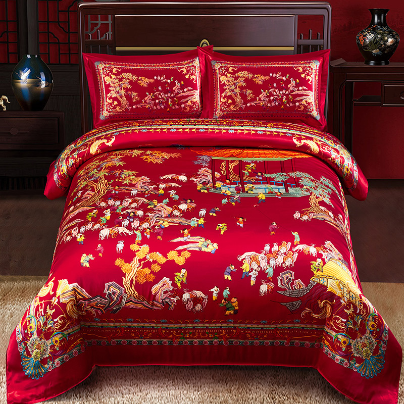 丝煌真丝四件套婚庆床上用品大红色丝绸桑蚕丝结婚套件中国风视频