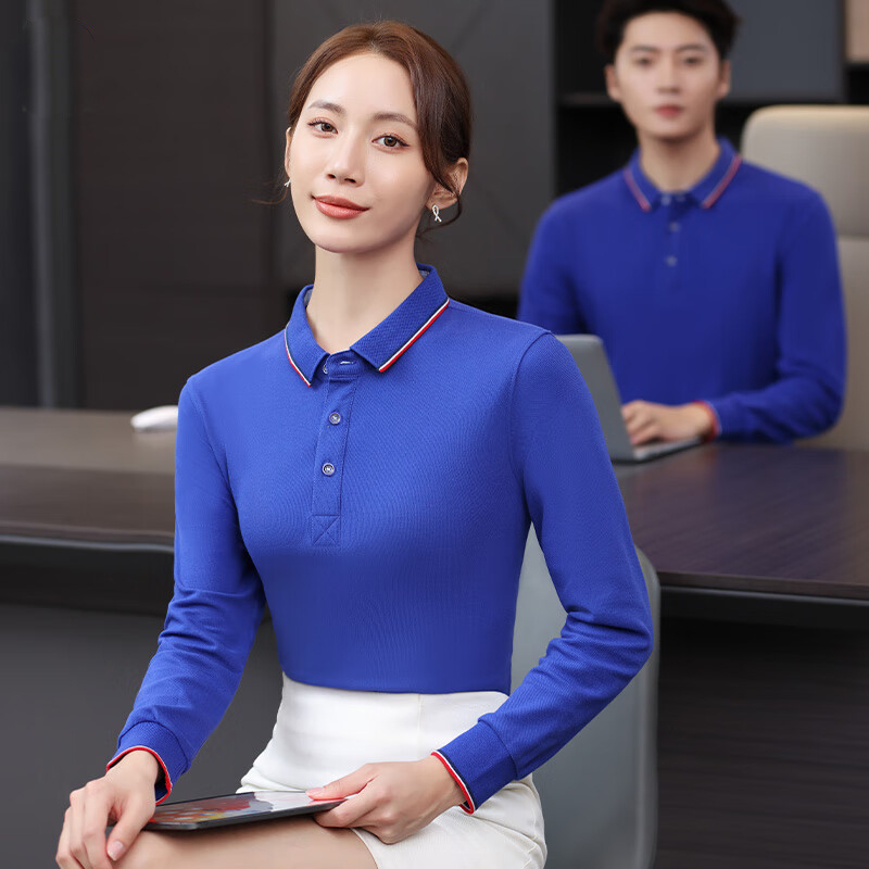 春秋长袖POLO衫工服企业文化衫团建团体服可定制logo 宝蓝 XL[尺码备注]高清大图