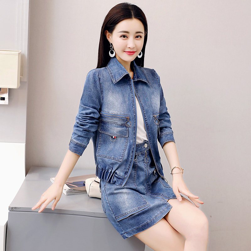 女士春季春秋季新品牛仔两件套女修身短款长袖外套百搭牛仔套装裙视频
