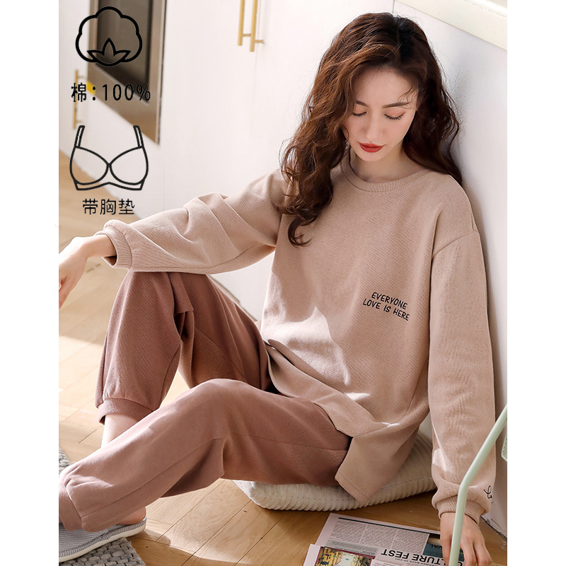 2025年啄木鸟清仓睡衣女带胸垫春秋款纯棉长袖秋冬女士家居服套衣高清大图