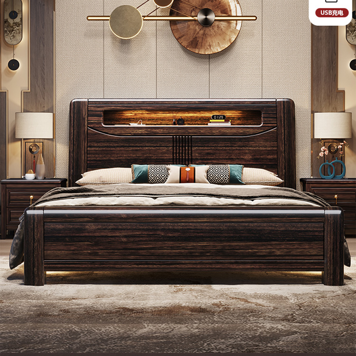 新中式紫金檀木实木双人床夜光灯充电气压储物床简约现代卧室家具
