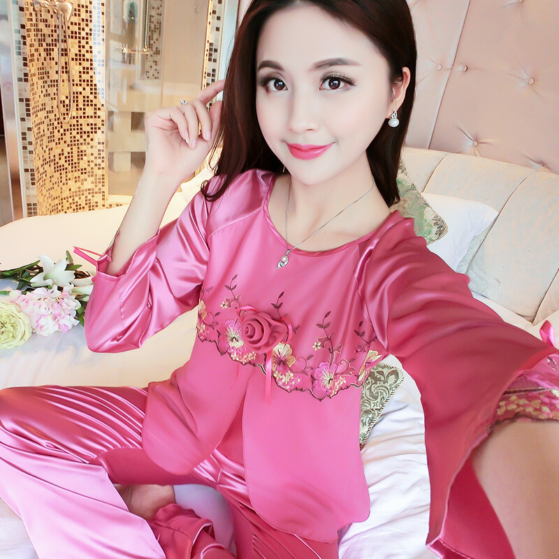 大红色冰丝睡衣女士丝质春秋季薄款中年妇女加大码家居服丝绸套装