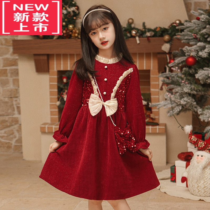 可莉允女童红色连衣裙秋冬款洋气儿童中大童女孩针织衫圣诞新年毛衣裙子