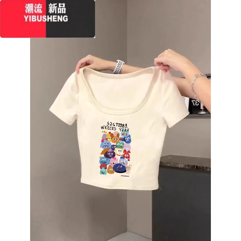 YIBUSHENG短袖t恤女ins正肩杏色修身显瘦可爱猫咪印花高腰辣妹短款上衣潮 杏色252 L