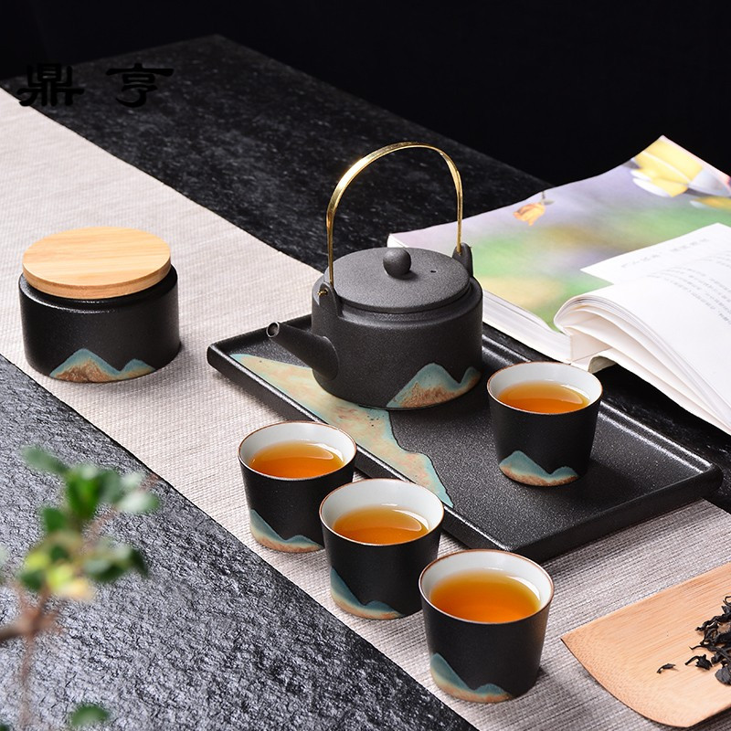 鼎亨日式功夫茶具套装家用和风提梁壶茶杯小茶台陶瓷釉画彩干泡盘