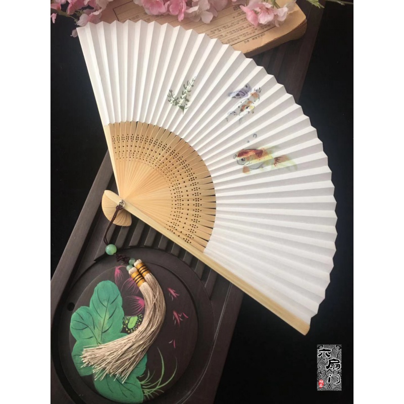 中国风古风扇子水墨禅意手绘双面串纸扇折扇子男扇女扇竹小礼品夏 三维工匠 鱼趣+双穗流苏高清大图