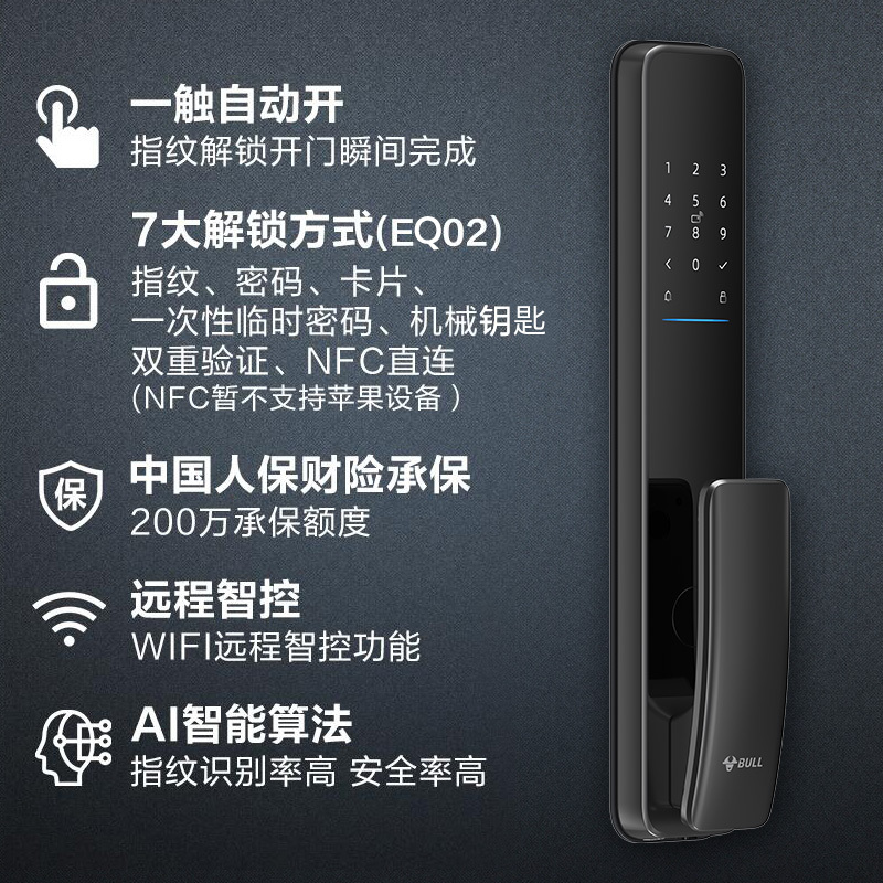 公牛指纹锁家用防盗门EQ02智能门锁密码锁远程控制全自动门锁