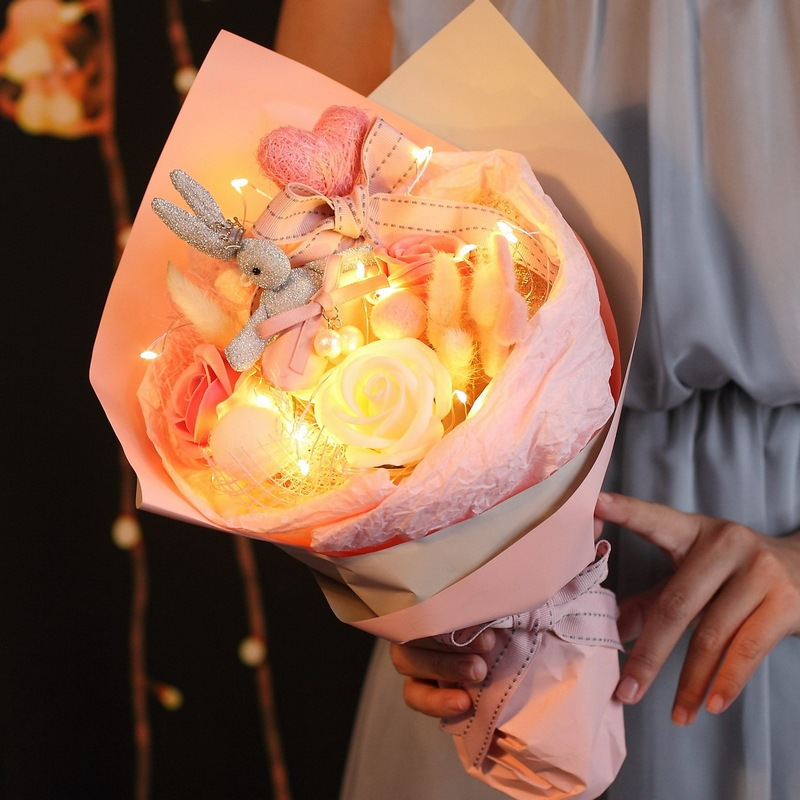 3朵带灯香皂玫瑰花束礼盒套装 小夜灯光香皂花束仿真花 情人节创意礼品类节日礼品 圣诞节送女友女生学生闺蜜生日