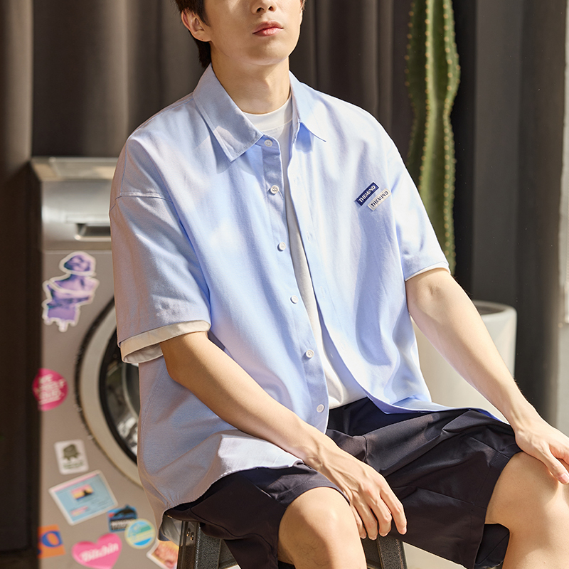 [2.5折价70元]唐狮夏季新款短袖衬衫男纯色系百搭港风休闲宽松日系衬衣男士外套