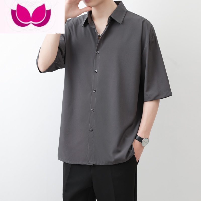 七斓夏季薄款冰丝短袖衬衫男宽松五分袖半袖寸衫垂感内搭长袖白色衬衣高清大图