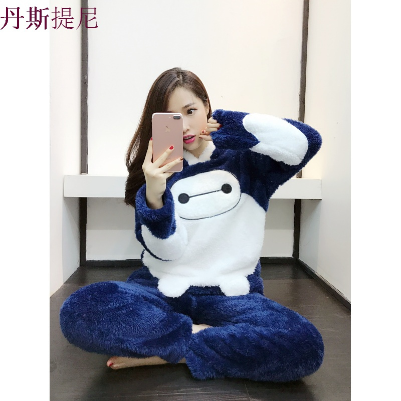 冬季套头睡衣女士冬天珊瑚绒可爱卡通可外穿加厚法兰绒家居服套装