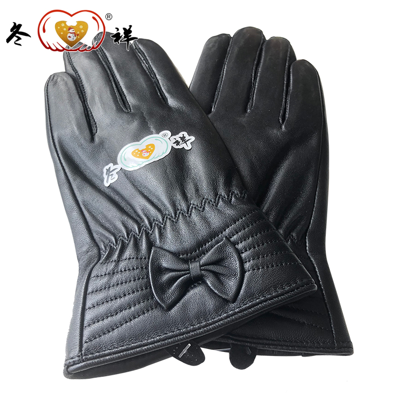 冬祥防寒手套A级羊皮面薄绒里蝴蝶结女款五指手套一副高清大图
