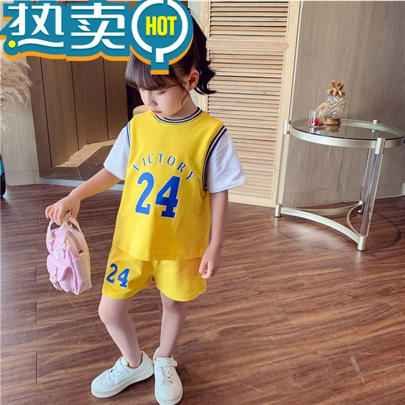 绿彩虹光儿童运动套装2023新款女童夏装洋气短袖T恤短裤两件套女孩球队服