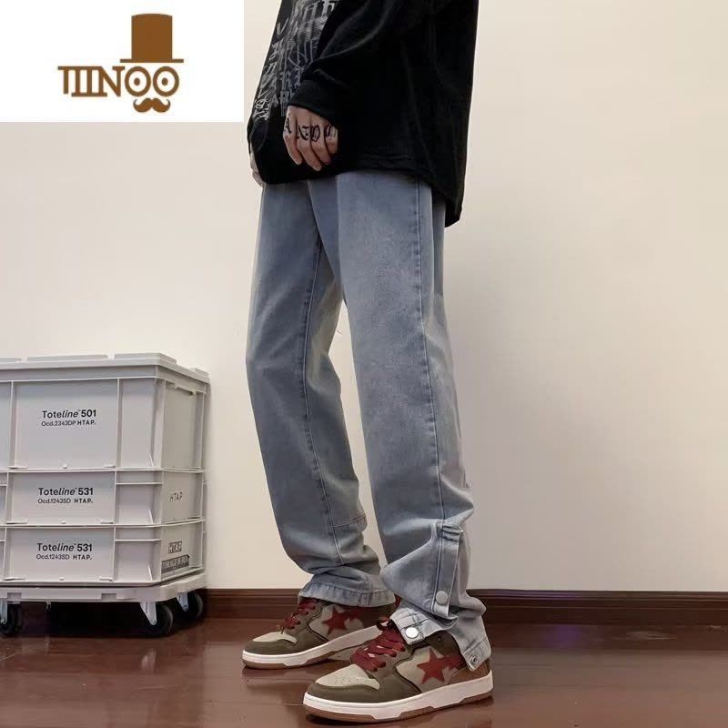 YANXU黑色排扣牛仔裤男美式vibe街头直筒休闲裤高街ins潮牌开叉长裤子图片