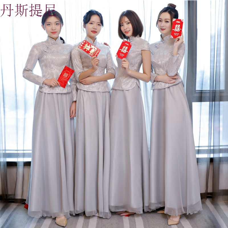 伴娘服中式复古姐妹团旗袍裙2018新款灰色长款晚礼服女毕业典礼装