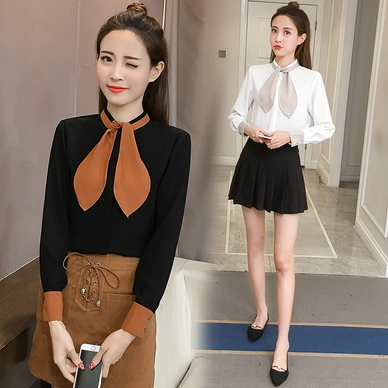 2018年秋装新款时尚韩版显瘦蝴蝶结上衣衬衫女韩范百搭长袖衬衣潮