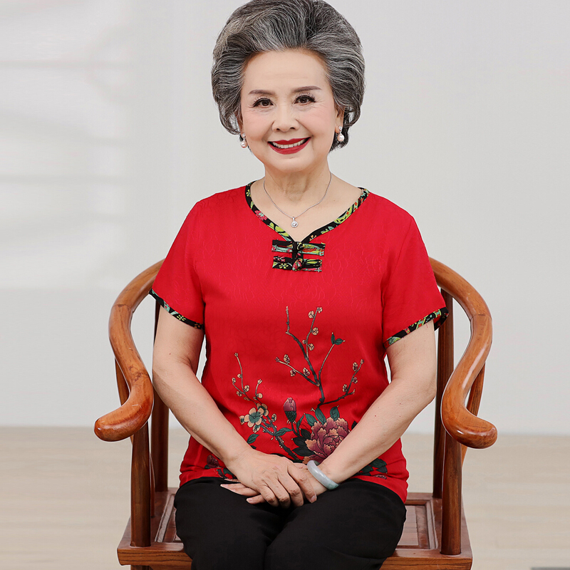 老年人夏装女妈妈装短袖大红上衣60岁70老人衣服奶奶婚庆棉套装