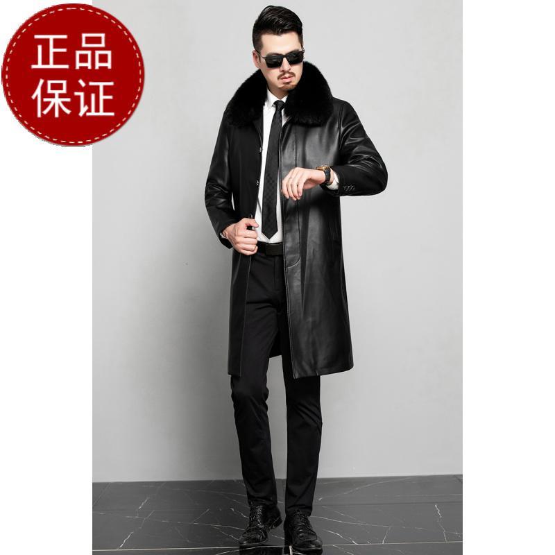 掉皮包换 海宁真皮皮风衣男长款过膝狐狸毛领中年皮风衣绵羊皮大衣