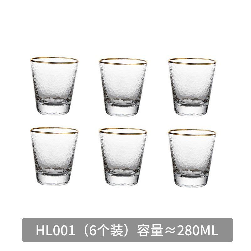 家柏饰(CORATED)日式金边玻璃杯家用套装茶杯透明锤纹水杯啤酒轻奢创意风杯子 金边锤目纹杯-280ML(6只装)图片