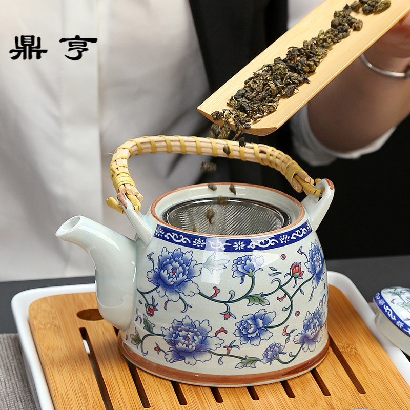 鼎亨650毫升陶瓷茶壶耐高温青花瓷提梁壶小号陶瓷壶带过滤家用