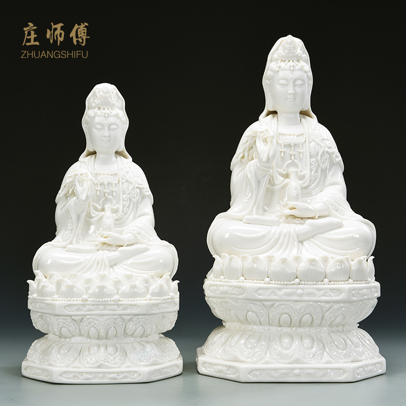 家用观音菩萨陶瓷佛像居家供奉摆件 南海观世音菩萨 三维工匠 12寸浮雕古莲观音-玉白高清大图