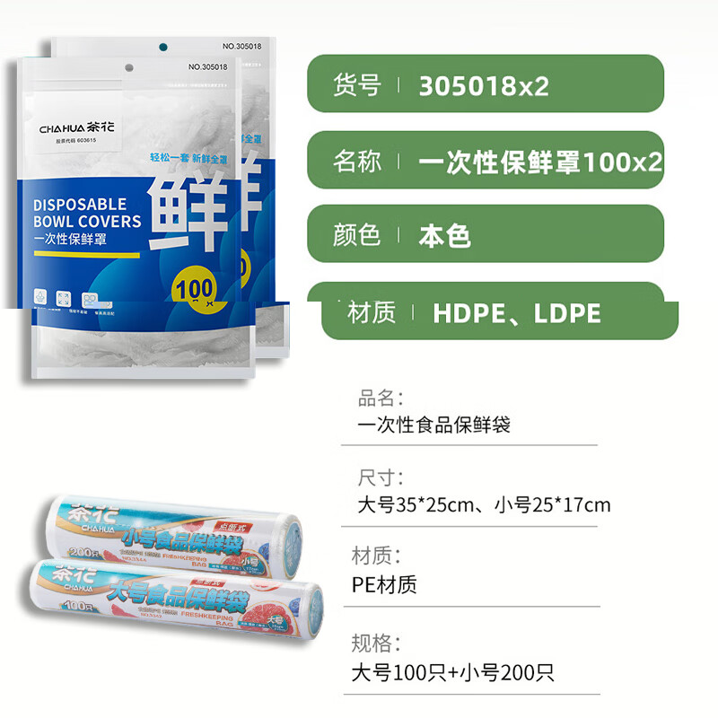 茶花 (CHAHUA) 保鲜膜套200只+保鲜袋300只食品级保鲜罩加厚密封袋高清大图