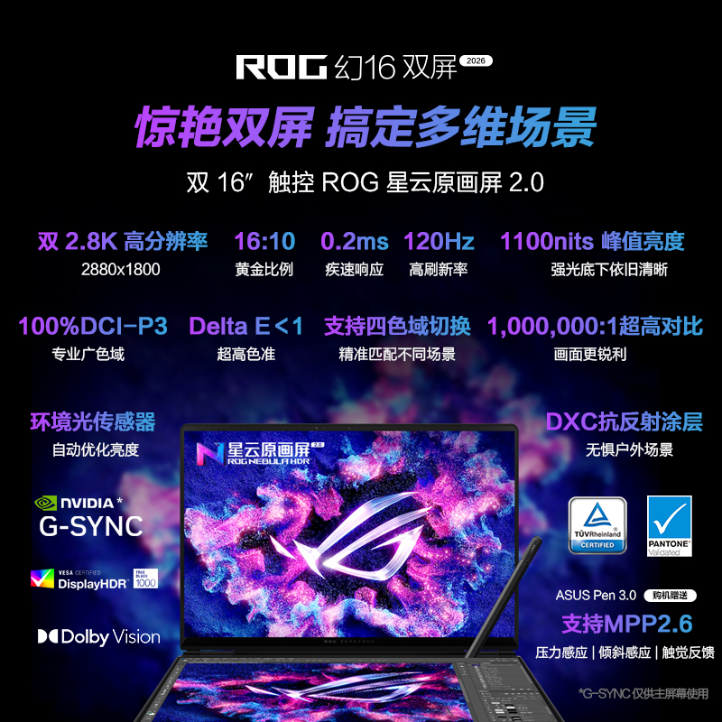ROG幻16 双屏 酷睿U9 16英寸设计师游戏本笔记本电脑(U9 386H 64G 1T RTX5070Ti 2.8K 120Hz HDR1000)高清大图