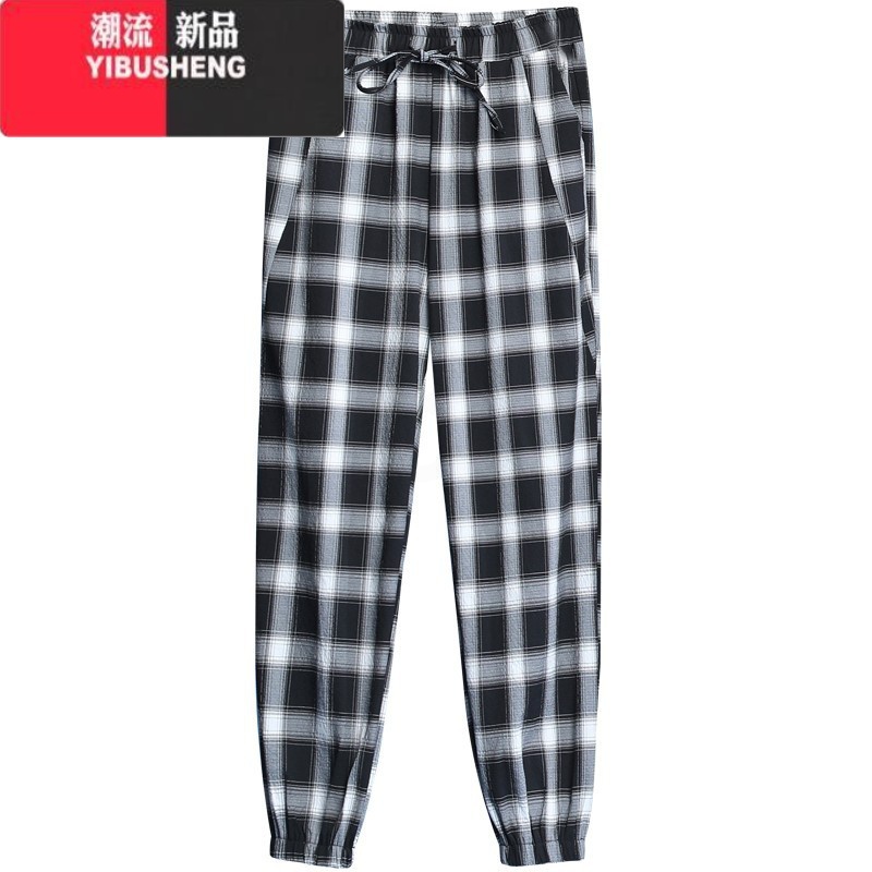 YIBUSHENG黑白格子运动裤女季薄款2024新款天束脚卫裤洋气显瘦女休闲天高清大图