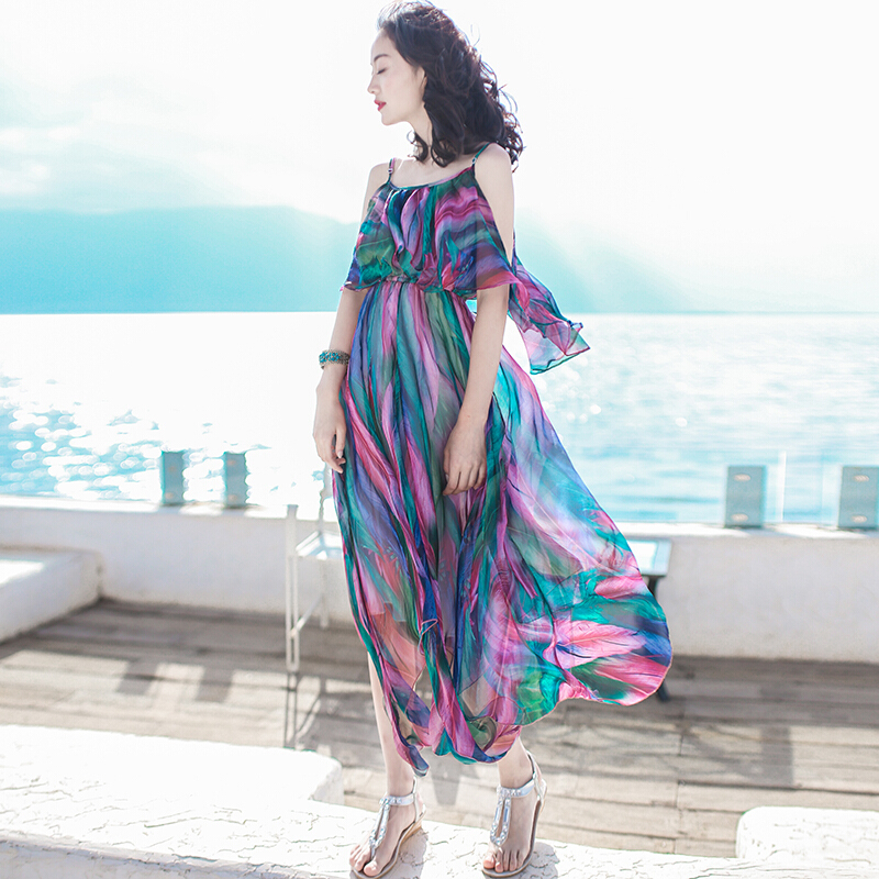 2017夏季新品女装露肩带裙子雪纺长裙连衣裙波西米亚海边度假沙滩裙图片色