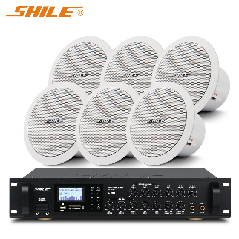 狮乐(SHILE)会议室吸顶音响系统6.5英寸定阻同轴吸顶喇叭背景音乐系统AV8820/BX206*6