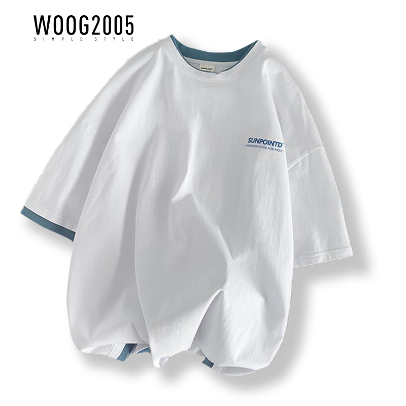 WOOG2005假两件t恤男宽松简约圆领短袖上衣ins港风嘻哈夏季情侣装
