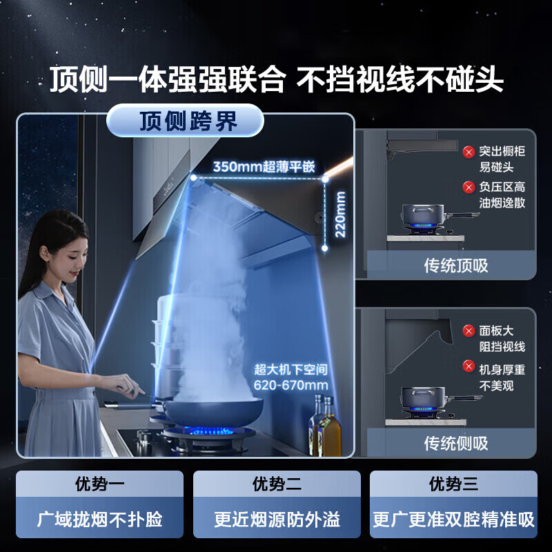 [高温蒸汽]美的(Midea)AK3Pro家用抽吸油烟机顶测跨界一体双腔自清洁超薄平嵌齐平橱柜AK5pro同款高清大图