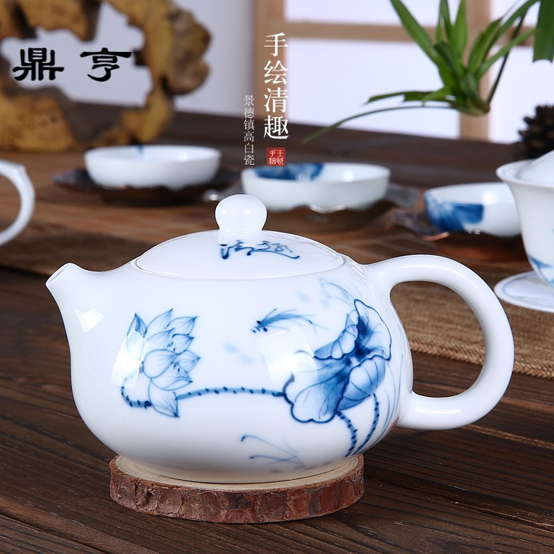 鼎亨手绘西施壶陶瓷功夫茶具高白瓷青花瓷景德镇纯手工茶壶泡茶器