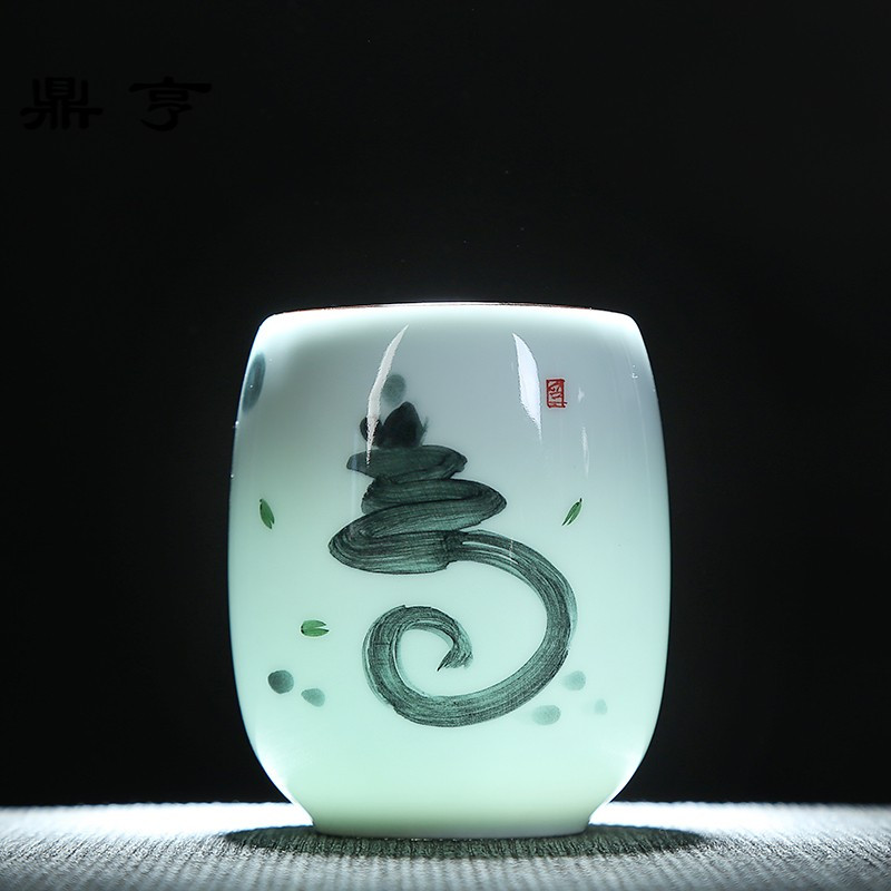 鼎亨青瓷大号茶杯陶瓷杯手绘个人杯禅意杯子景德镇瓷杯日式杯厚
