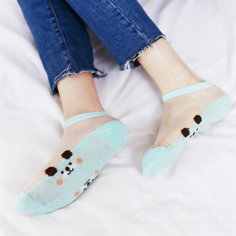 夏季透明玻璃丝袜子女士水晶丝袜小熊袜玫瑰花短筒袜脚底防滑短袜