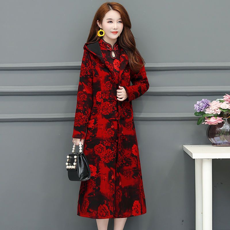 旗袍两件套女加绒加厚冬季妈妈改良连衣裙套装外套旗袍裙冬装