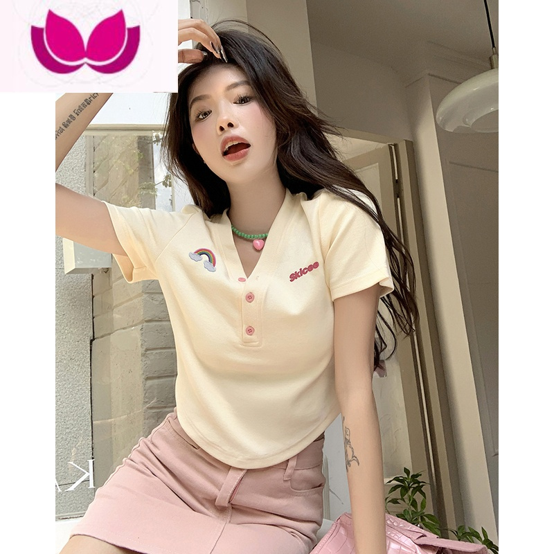 七斓设计感V领短袖正肩t恤女春季2023新款别致甜辣短款小众不规则上衣